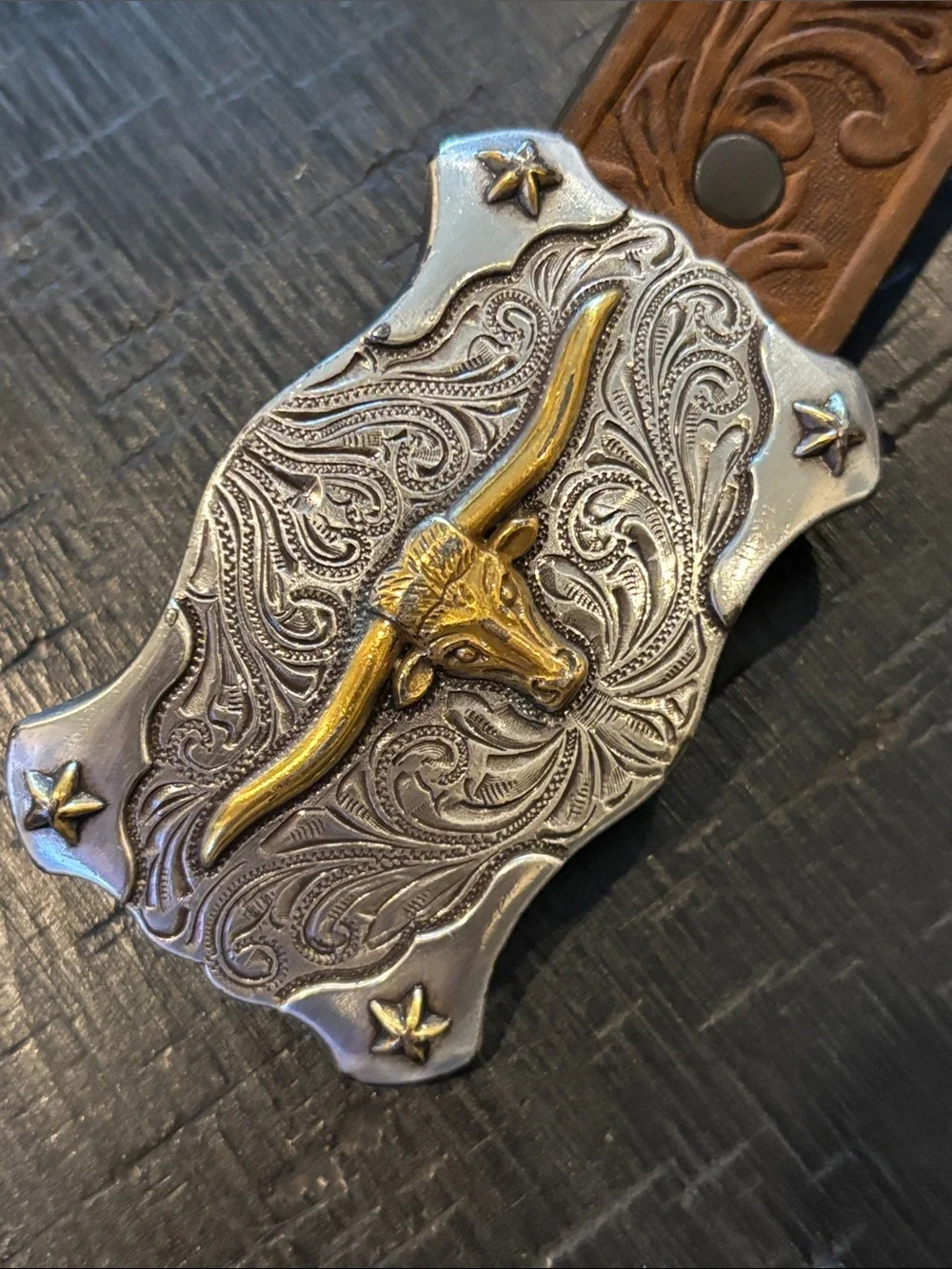 Tony Lama Genuine Leather with Steer Buckle Brown Tooled Belt USA Western 22”